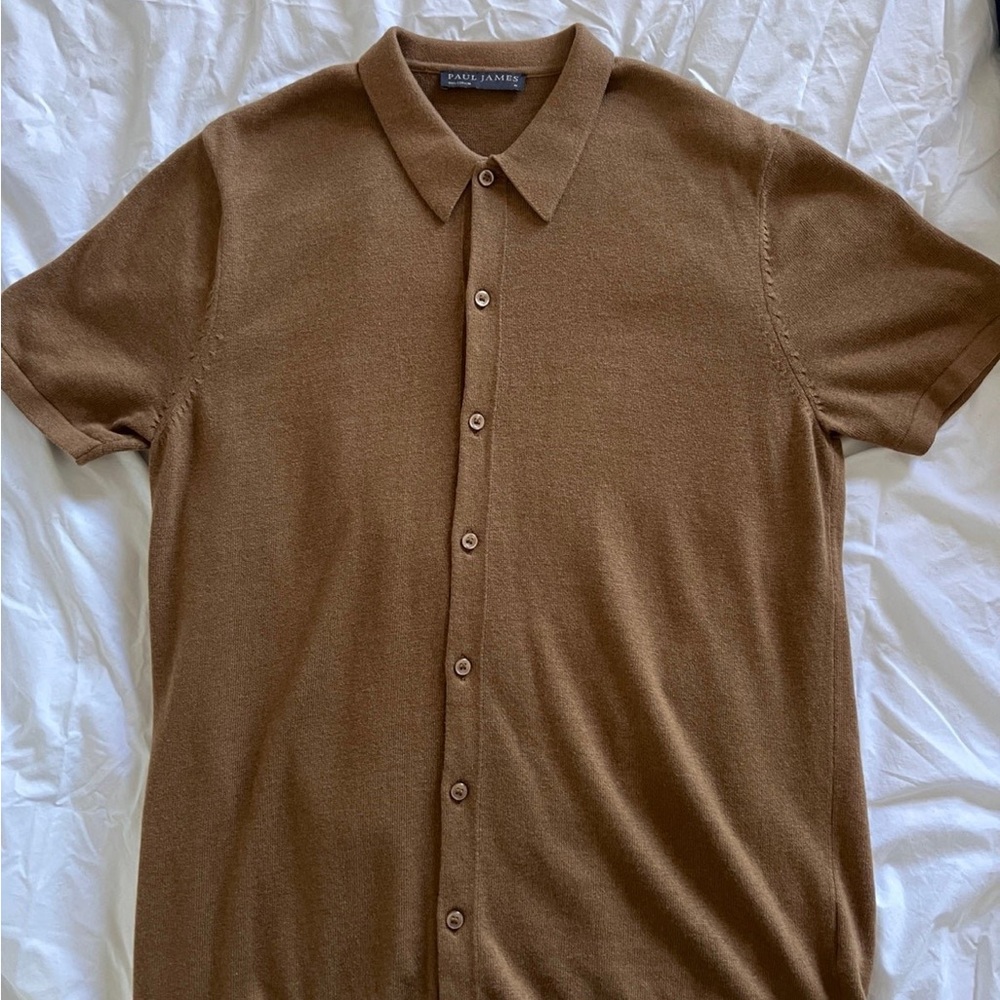 Knit polo by Paul James UK (caramel color) 100% cotton silky soft - Picture 2 of 13